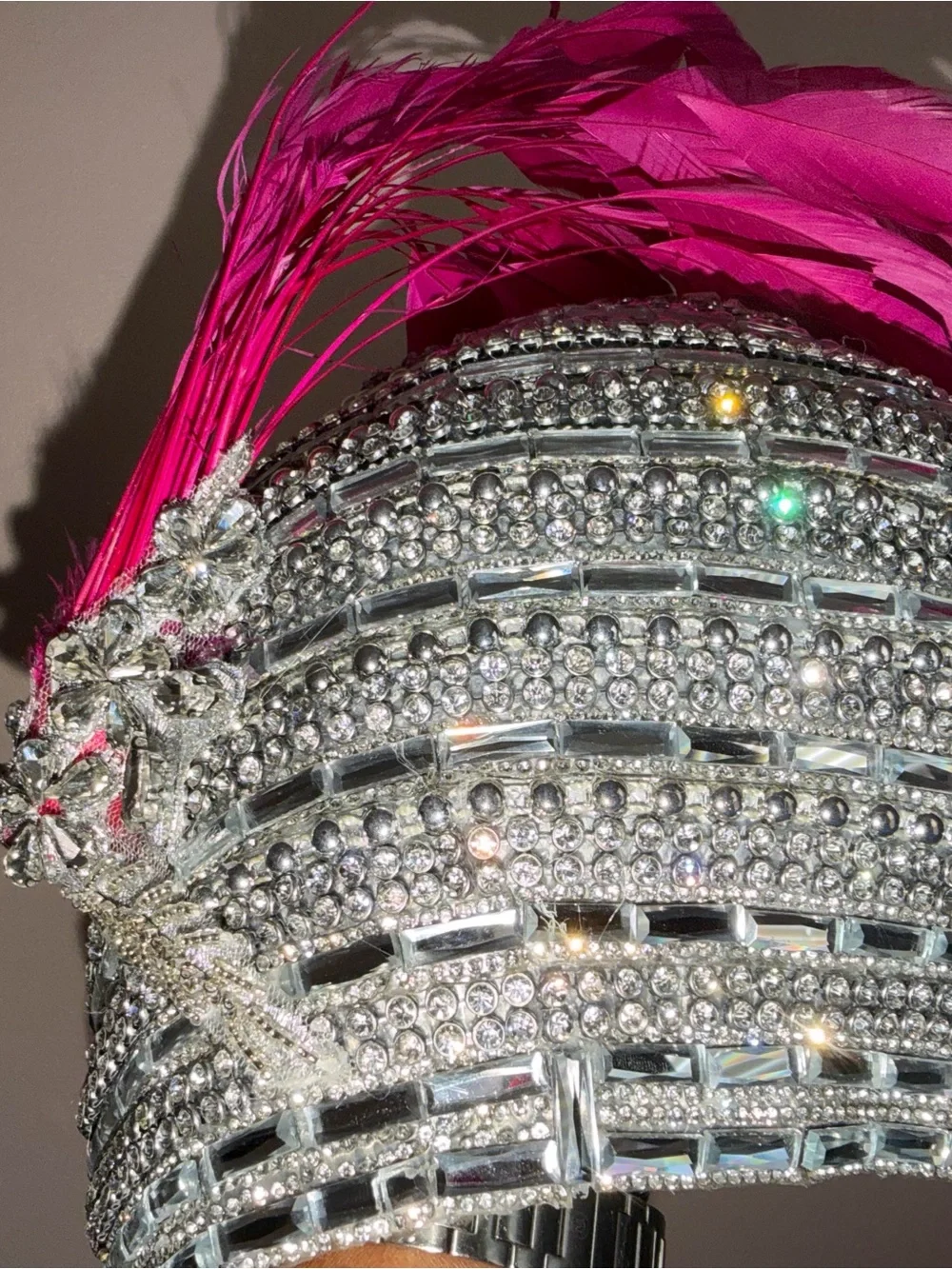 Crystal Beaded Flapper full dome cap with Hot Pink Feathers